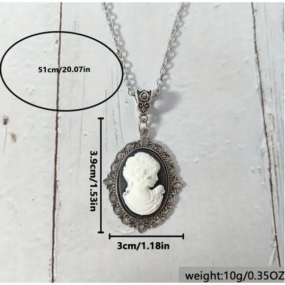 Victorian Style Black Cameo Pendant Necklace With Silver Chain - Picture 2 of 2